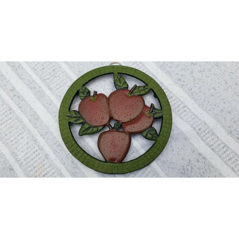 Vintage Hand Painted Hanging 7" Round Cast Iron  Trivet Green With Red Apples